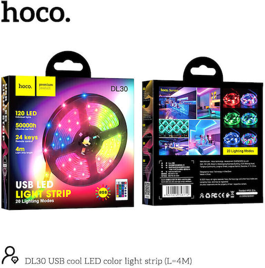 Hoco Bandă LED USB 5V RGB Lumină 4m cu Sursă de alimentare