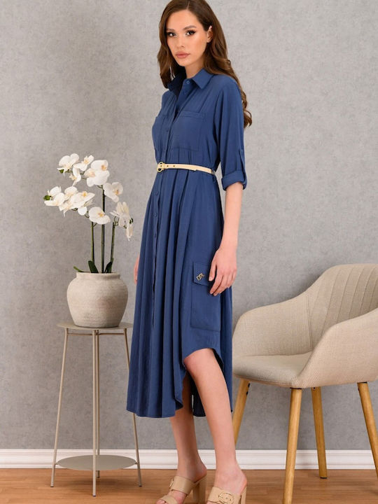 Summer Midi Shirt Dress with 3/4 Sleeve Blue