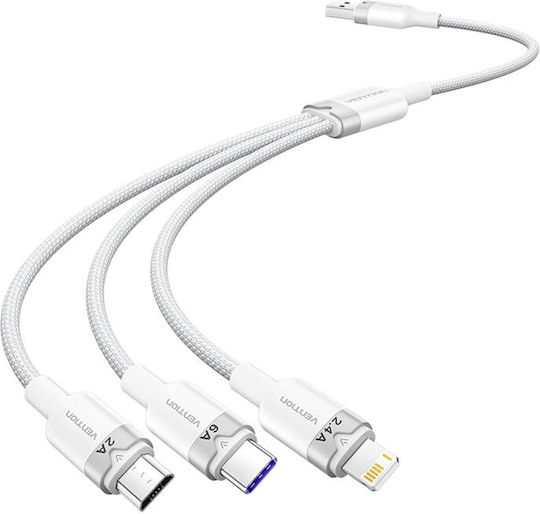 Vention Плетен USB към Lightning / Type-C / micro USB Кабел 2A Бял 1.5м CTRWG