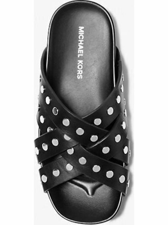 Irene Studded Leather Flat Leather Women's Flat Sandals in Black Color