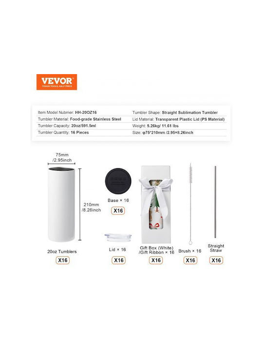 Vevor Set of Glasses Water made of Stainless Steel with straw 592ml 16pcs