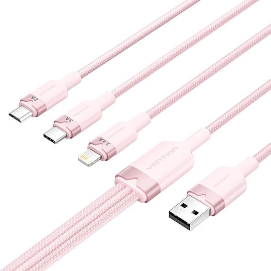 Vention Geflochtenes USB-zu-Lightning / Typ-C / Micro-USB Kabel 2A Rosa 1,5m CTPPG