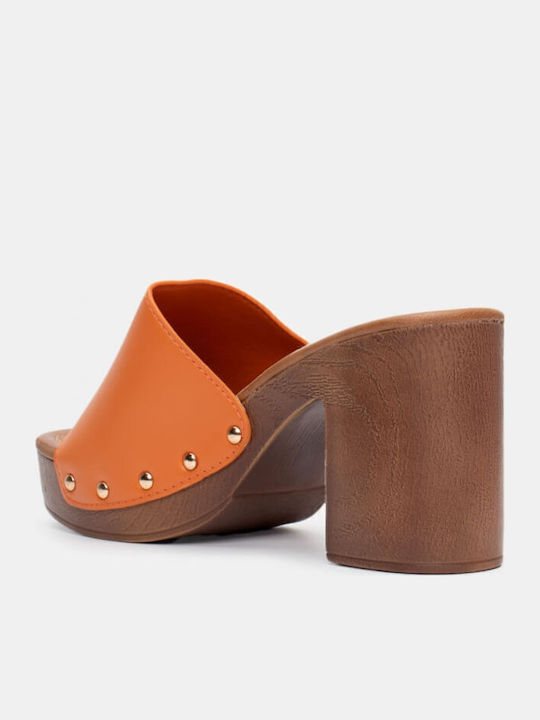Mules with Chunky High Heel in Orange Color
