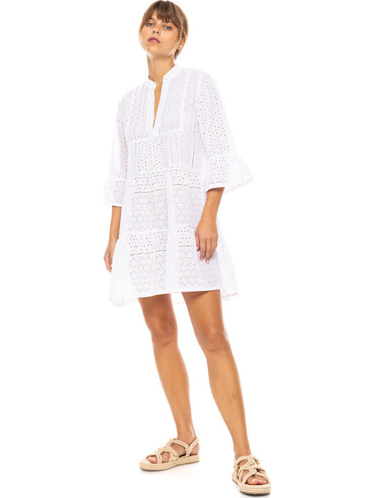 Women's Beachdress Pink Label Dress White Cutwork Embroidery Regular Fit Cotton