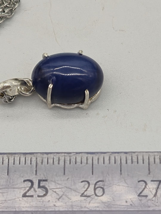 Unisex-Halskette mit kostbarem saphirblauem Edelstein in Silber 925 Fassung Stahlkette