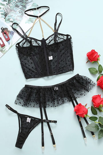 3-piece Sexy Costume Erotic Lingerie Set Made Elastic Material Polka Dot Tulle Garter Belt Corset Metal Support Thong Ruffles Black