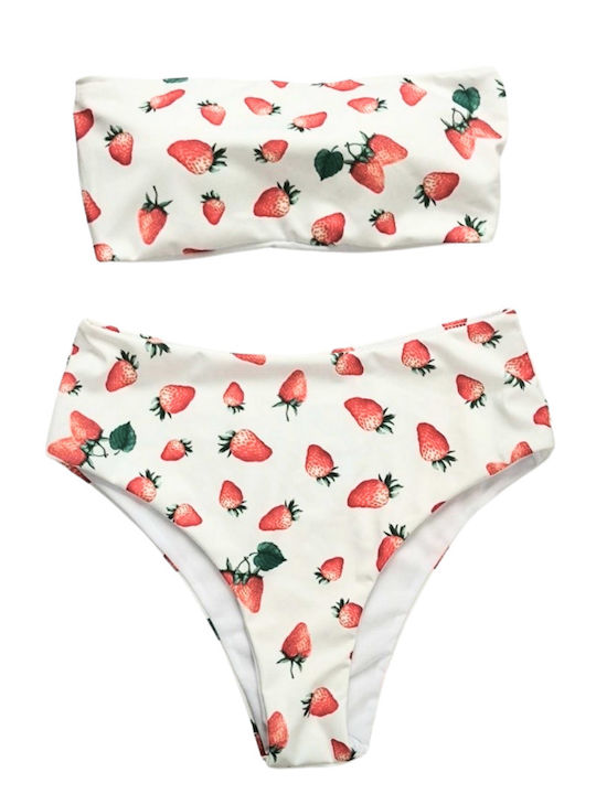 Bikini Set Strapless Top & Slip Bottom white strawberries