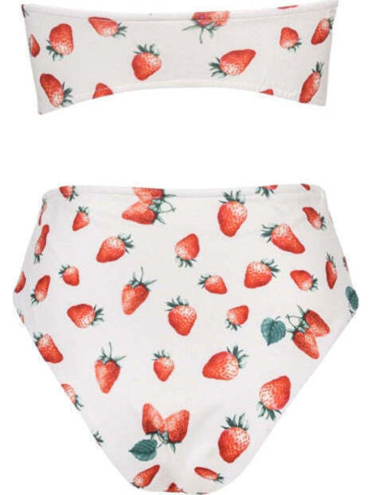 Bikini Set Strapless Top & Slip Bottom white strawberries
