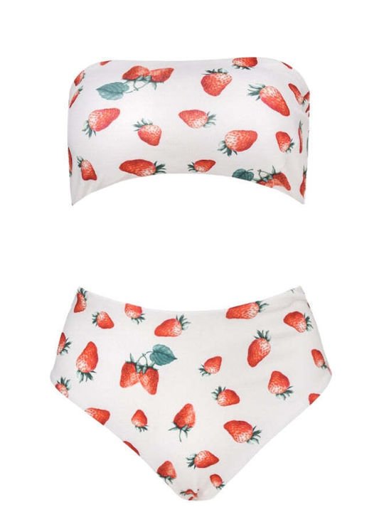 Bikini Set Strapless Top & Slip Bottom white strawberries