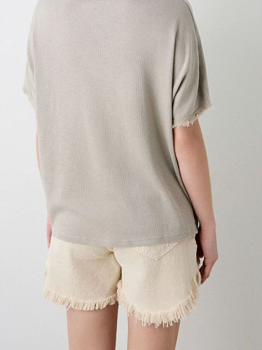 Women's Blouse Short Sleeve with V Neckline Beige