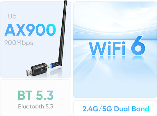 Powertech PT-1386 USB Network Adapter with Wireless Wi-Fi Connection 900Mbps and Detachable Antenna