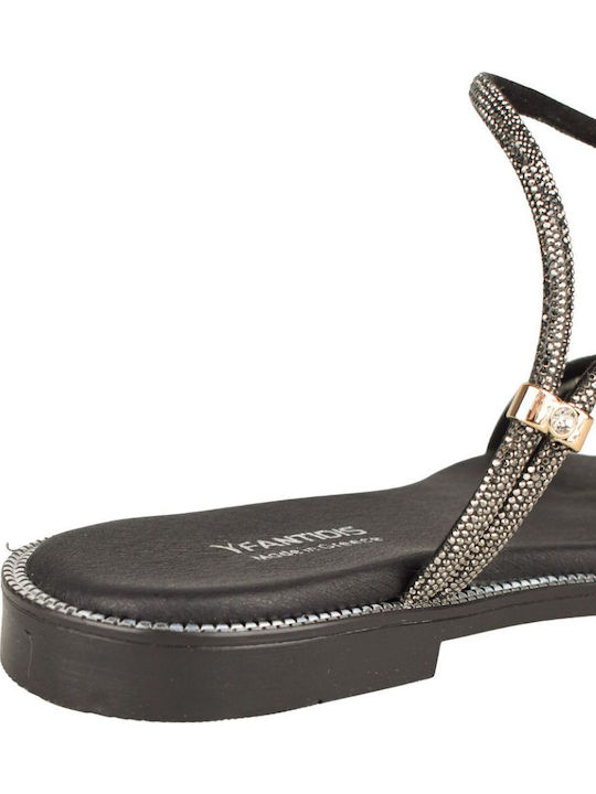 Leather Women's Flat Sandals in Black Color