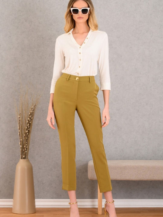 Dama Talie înaltă Tesatura Pantaloni cu Elastic Olive
