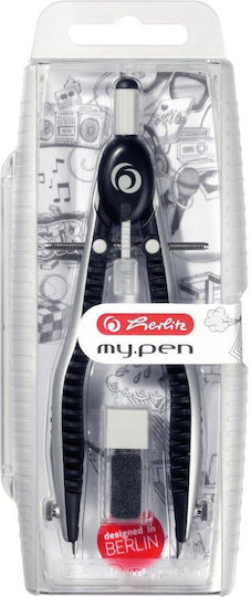Herlitz Metallisch Zirkel mit Spitze, Bleistift, Ersatzspitzen, Zirkelscheibe Schwarz