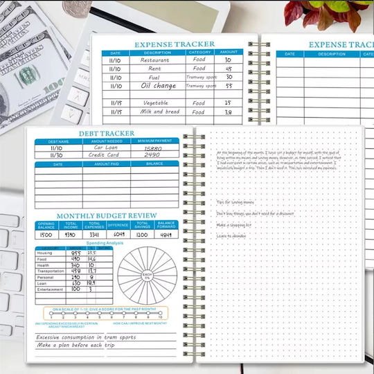 Undated Budget Planner Notebook Spiral-bound A Plastic Cover Bullet Journal Style Monthly Organization In English A5 Multicolor White