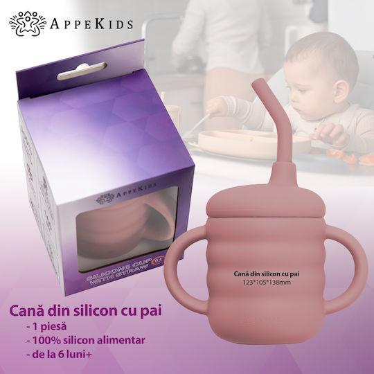 AppeKids Παιδικό Ποτηράκι με Λαβές και Καλαμάκι από Σιλικόνη Ροζ 160ml