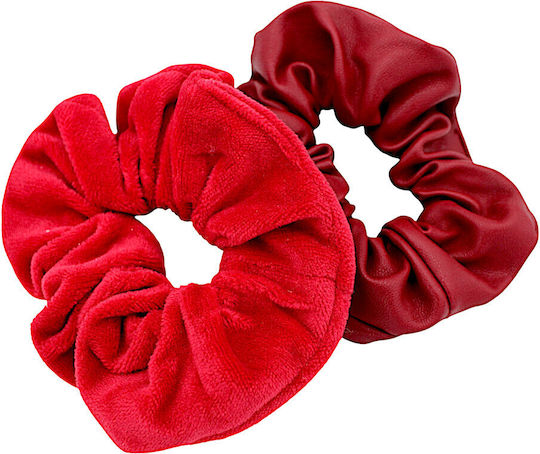 Scrunchie Mαλλιών Βυσσινί Δερματίνη & Βελουτέ 2τμχ 4omo218