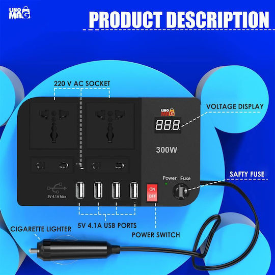 Invertor de tensiune auto portabil Linomag 12v DC la 220v AC 300w afișaj digital prize universale EU UK USA AU 4.1a USB protecție la supratensiune negru
