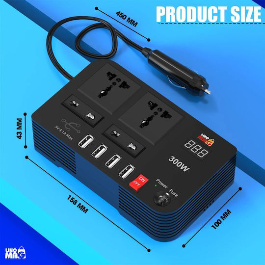Invertor de tensiune auto portabil Linomag 12v DC la 220v AC 300w afișaj digital prize universale EU UK USA AU 4.1a USB protecție la supratensiune negru