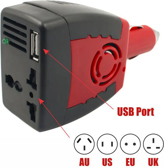Invertor de Tensiune Auto DC 12V la AC 220V Linomag 150W Adaptor Priză UE UK SUA AU USB 2.1 Roșu Negru
