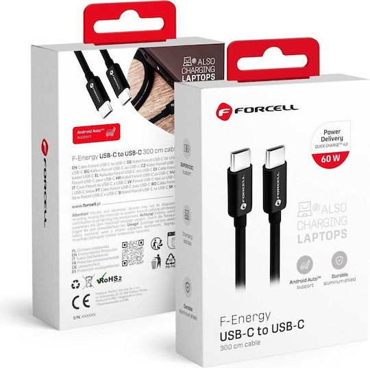Forcell C338 Cable USB-C male - USB-C 60W PD Μαύρο 3m 593928