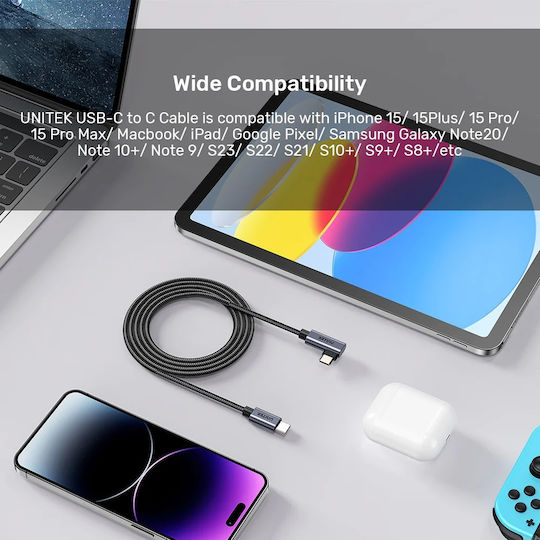 Unitek USB 2.0 Cable USB-C male - USB-C 100W PD Μαύρο 1m C14123BK-1M