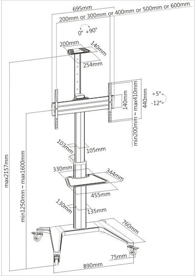 Techly ICA-TR48W Βάση Τηλεόρασης Δαπέδου έως 70" και 70kg