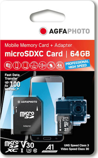 AgfaPhoto microSDXC 64GB U3 V30 A1 Висока Скорост 100MB/s с Адаптер