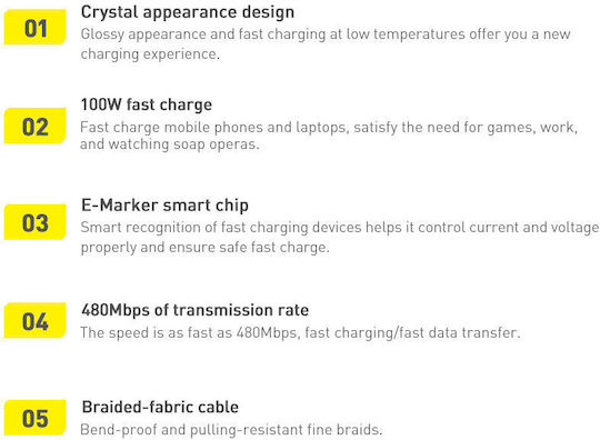 Baseus Crystal Shine Series USB 2.0 Cable USB-C male - USB-C 100W PD Μαύρο 2m CAJY000701