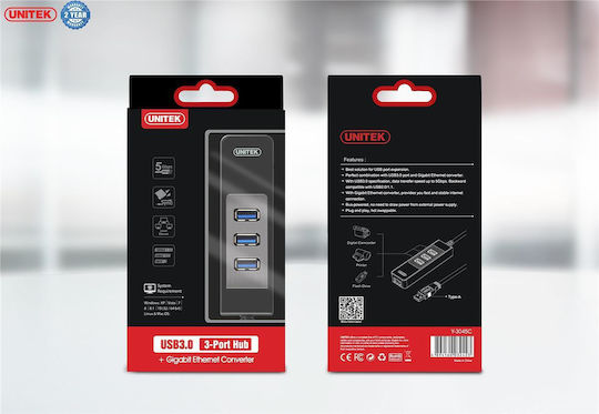 Unitek Y-3045C USB Hub 3 Ports USB 3.0 with USB-A Connection Ethernet