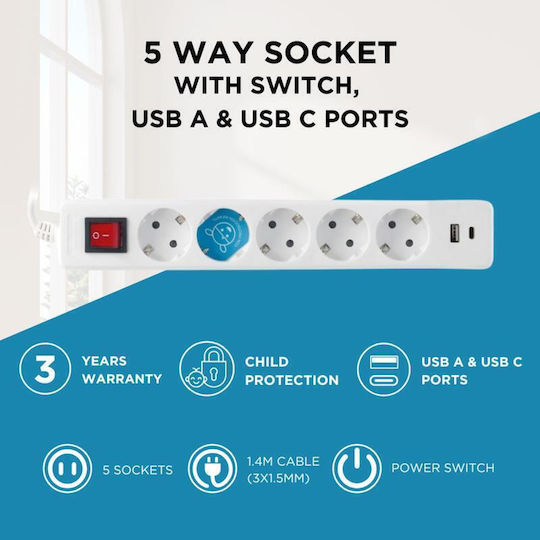 GSC Power Strip 5 Positions with USB-A, 1 USB-C, Switch and Cable 1.4m