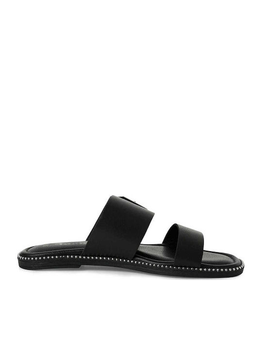 Leather Women's Flat Sandals in Black Color
