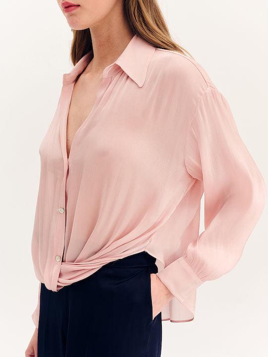 Langärmelig Damen Satin,σατεν Hemd Pink