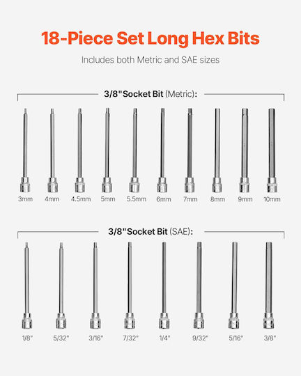 Extra Long Allen Hex Socket Socket 18-pece 3/8 Inch Drive S2 Alloy Steel Cr-v