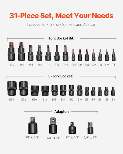 Torx-Bit-Steckschlüssel Externes Torx-Steckschlüssel-Set 31-teilig T8-T70 E4-E24 Stahl