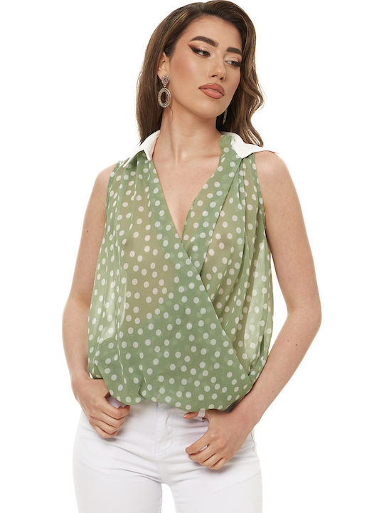 Ärmellos Damen Hemd Grün Polka Dot