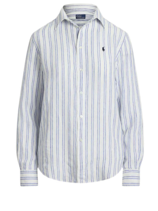 Langärmelig Damen Leinen Hemd White/pond Blue Gestreift