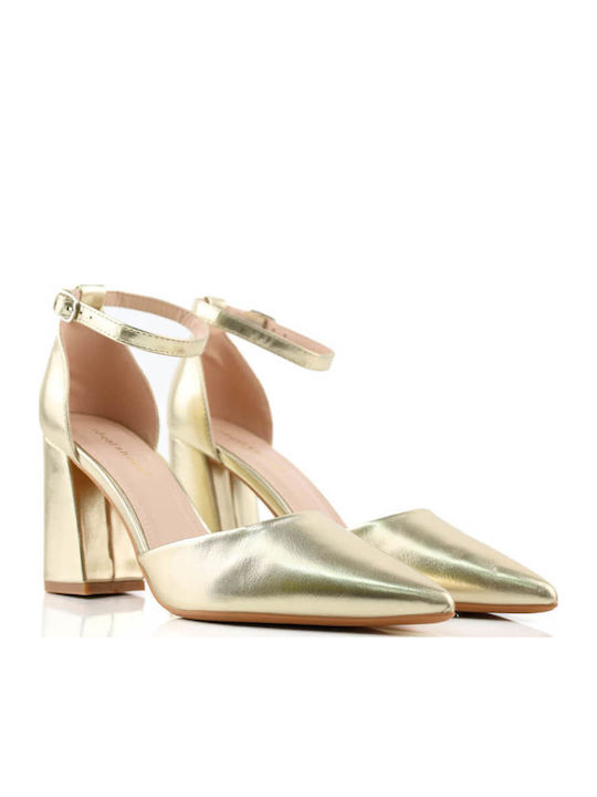 Pantofi cu Toc Gros Aurii Minimal Nude