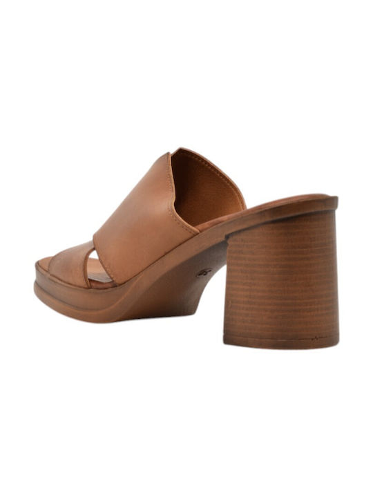 Leather Mules with Chunky Heel in Tabac Brown Color