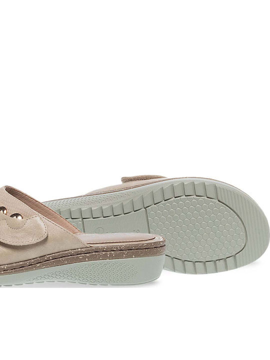 Leder Flache Sandalen für Damen Anatomisch in Beige Farbe