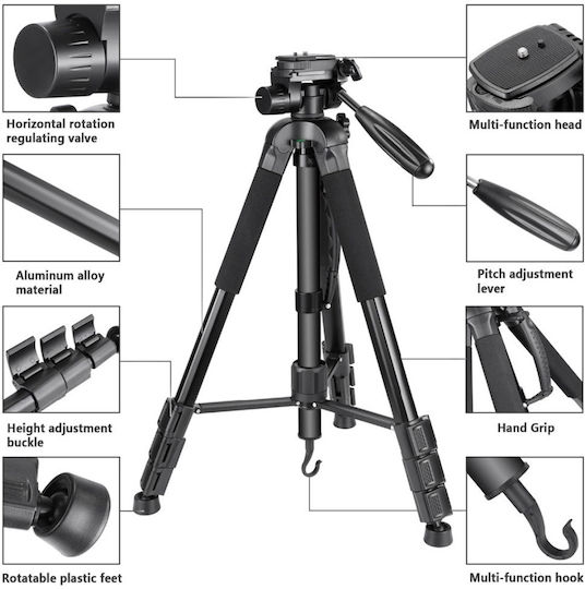 Professional Aluminum Tripod Monopod with Triple Rotation Head Jmary Kp-2274 167 Cm Max – Black