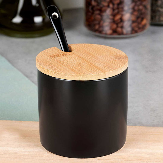 Schwarze Keramik-Zuckerdose mit Löffel 139681