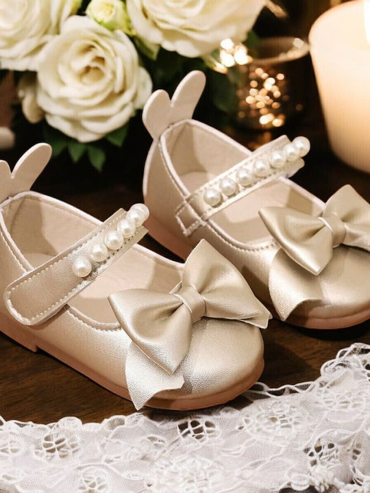 Kids Leather Ballerinas with Hoop & Loop Closure Gold