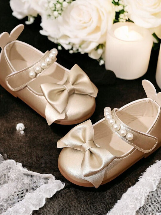 Kids Leather Ballerinas with Hoop & Loop Closure Gold