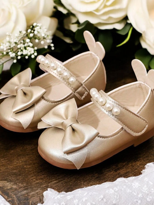 Kids Leather Ballerinas with Hoop & Loop Closure Gold