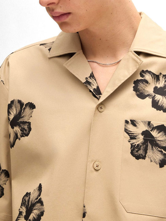 Eligino Short-sleeved Cotton Shirt Floral Beige-black