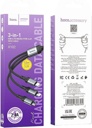 Hoco 3in1 Regular USB to Lightning / micro USB / Type-C Cable 2.4A Μαύρο 1m (295402)