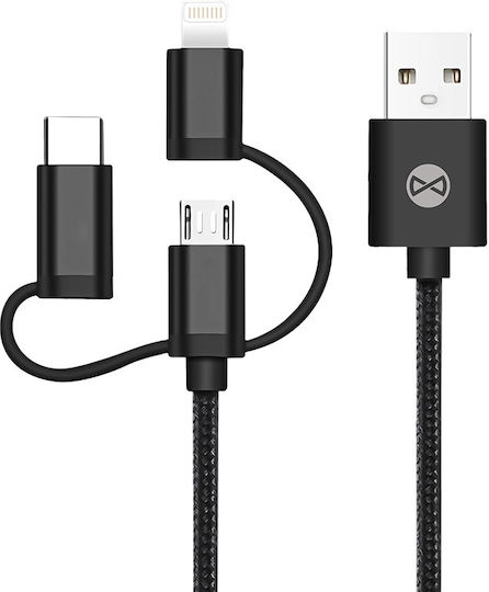 Forever Flat Cablu USB la micro USB / Lightning / Type-C cu mai multe porturi 1.5A Negru 1m (T_01626)