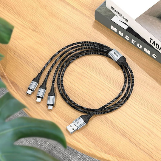 Hoco 3in1 Regular USB to Lightning / micro USB / Type-C Cable 2.4A Μαύρο 1m (295402)