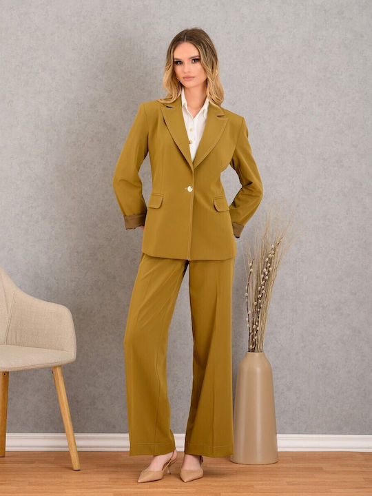 Women's Fabric Trousers with Elastic in Straight Line Oliv
